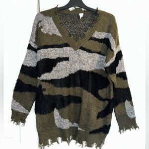 Olive Green Camouflage V-Neck Women's Distressed Sweater